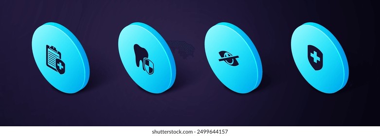 Set Isometric Medical shield with cross, Invisible or hide, Dental protection and Clipboard medical insurance icon. Vector