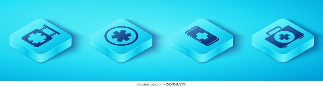 Set Isometric Medical symbol of the Emergency, Medical symbol of the Emergency, First aid kit and Emergency mobile phone call to hospital icon. Vector