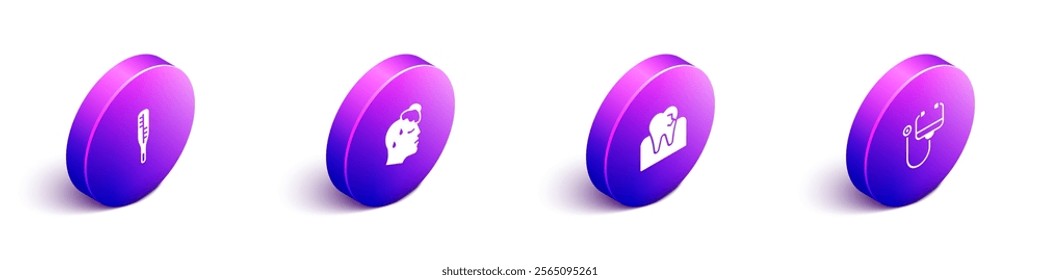Set Isometric Medical thermometer, High human body temperature, Tooth with caries and Stethoscope icon. Vector