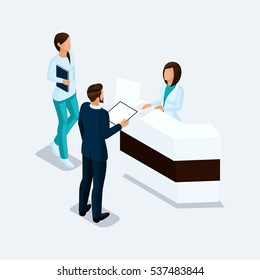 Set Of Isometric Medical Workers. Hospital Staff And Customers At The Reception Isolated On A Light Background. Vector Illustration.