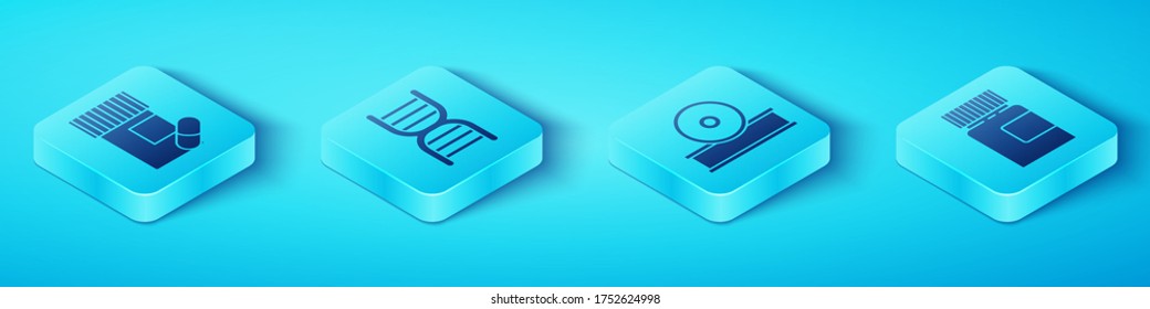 Set Isometric Medicine bottle and pills, DNA symbol, Medicine bottle and Otolaryngological head reflector icon. Vector