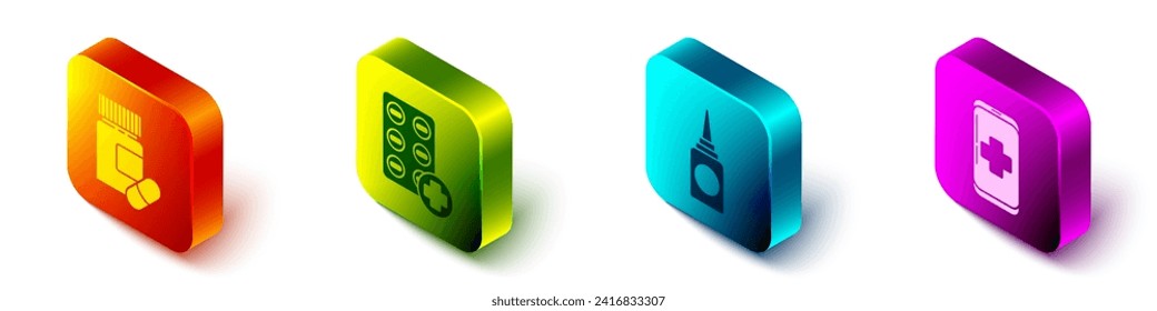 Set Isometric Medicine bottle and pills, Pills in blister pack, Bottle nasal spray and Emergency mobile phone call to hospital icon. Vector