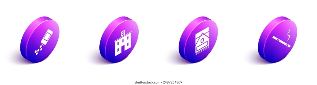 Set Isometric Medicine bottle and pills, Medical hospital building, Cigarettes pack box and Cigarette icon. Vector