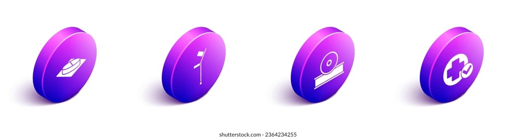 Set Isometric Medicine pill or tablet, Crutch or crutches, Otolaryngological head reflector and Cross hospital medical icon. Vector