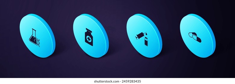 Set Isometric Medicine pill or tablet, Medical syringe and vial, bottle and DNA research, search icon. Vector