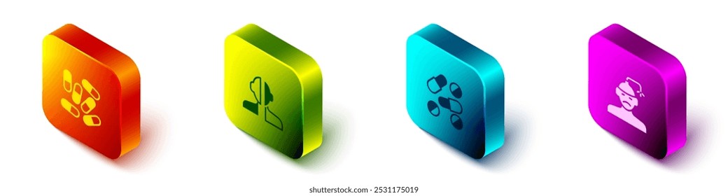 Set Isometric Medicine pill or tablet, Bipolar disorder,  and Concussion, headache icon. Vector