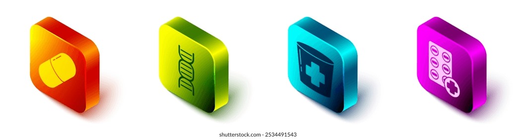 Set Isometric Medicine pill or tablet, DNA symbol, Nurse hat with cross and Pills in blister pack icon. Vector