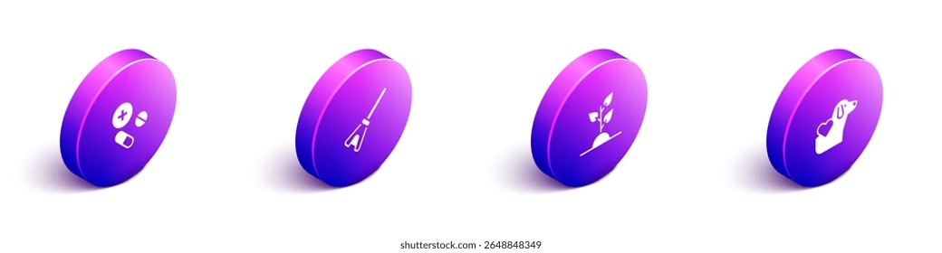 Set Isometric Medicine pill or tablet, Mop, Volunteer team planting trees and Heart with dog icon. Vector
