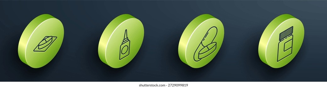 Set Isometrische Medizin Pille oder Tablette, Flasche Nasenspray, Medizin Pille oder Tablette und Medizin Flasche Symbol. Vektorgrafik