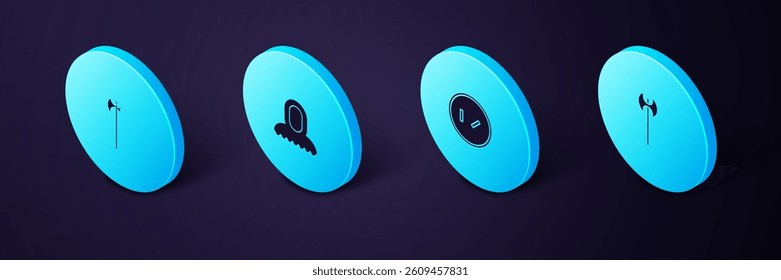 Set Isometric Medieval axe, Round wooden shield, hood and halberd icon. Vector