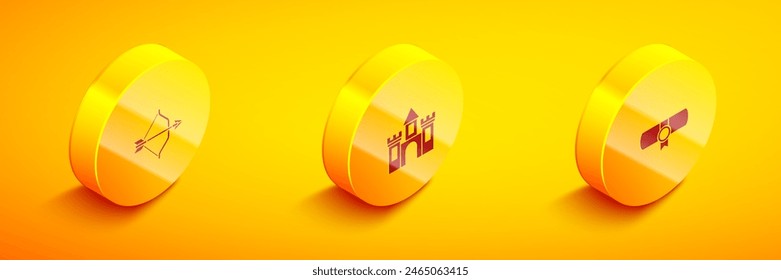 Set Isometric Medieval bow and arrow, Castle, fortress and Decree, parchment, scroll icon. Vector