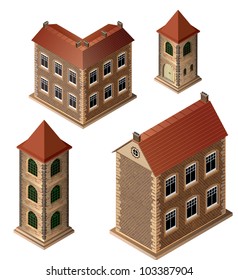 A set of isometric medieval buildings on a white background