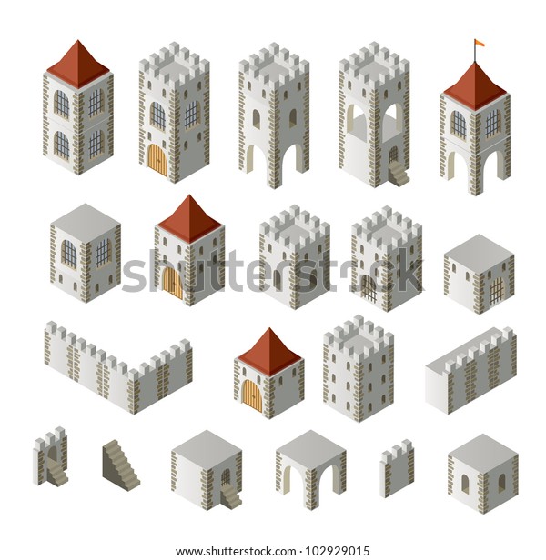 Set Isometric Medieval Buildings On White Stock Vector (Royalty Free ...