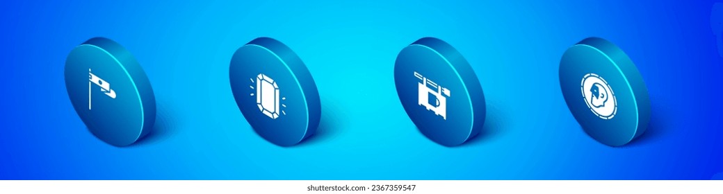 Set Isometric Medieval flag, Street signboard with Bar, Ancient coin and Diamond icon. Vector