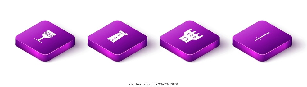 Set Isometric Medieval goblet, Castle tower,  and sword icon. Vector