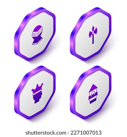 Set Isometric Medieval helmet, axe, King crown and Castle tower icon. Purple hexagon button. Vector