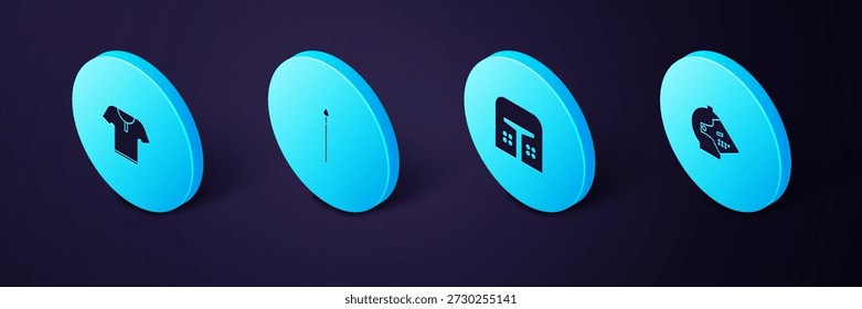 Set Isometric Medieval iron helmet, , spear and Body armor icon. Vector