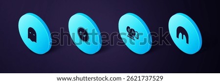 Set Isometric Medieval iron helmet, Cup from the skull, Round wooden shield and Executioner mask icon. Vector