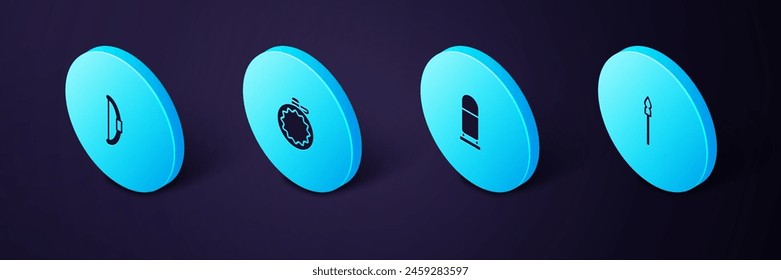 Set Isometric Medieval spear, Bullet, Canteen water bottle and Bow icon. Vector