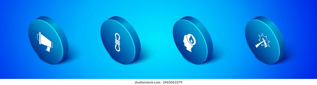 Set Isometric Megaphone, Firefighter, axe and Climber rope icon. Vector