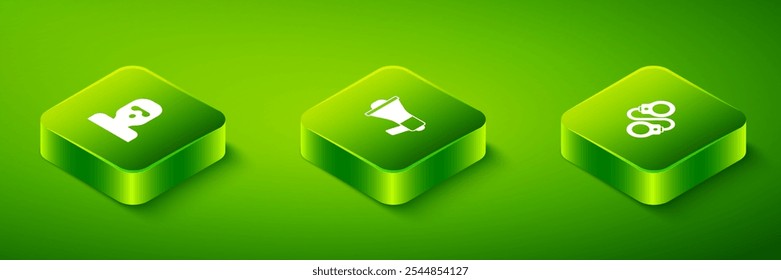 Set Isometric Megaphone, Handcuffs and Thief mask icon. Vector