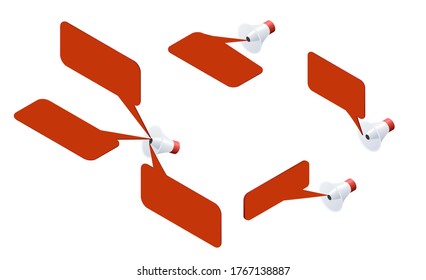 Conjunto de iconos megáfonos isométricos con espacio de copia aislado en fondo blanco. ilustración vectorial de altavoz rojo y blanco