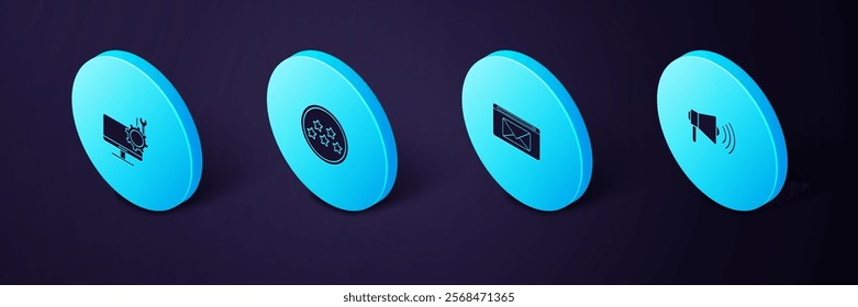 Set Isometric Megaphone, Mail and e-mail, Five stars rating review and Computer monitor service icon. Vector