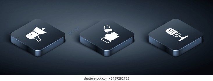 Set Isometric Megaphone, Microphone and Journalist news icon. Vector