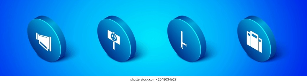 Set Isometric Megaphone, Police rubber baton, assault shield and Peace icon. Vector