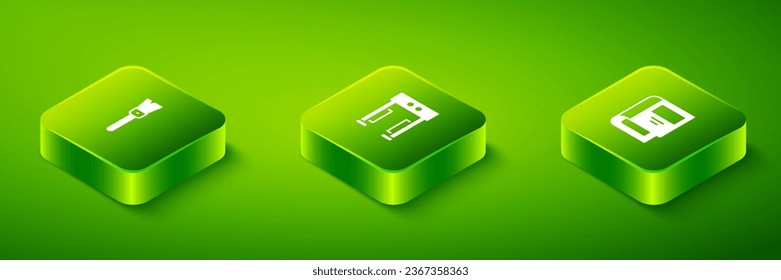 Set Isometric Metal detector, History book and Paint brush icon. Vector