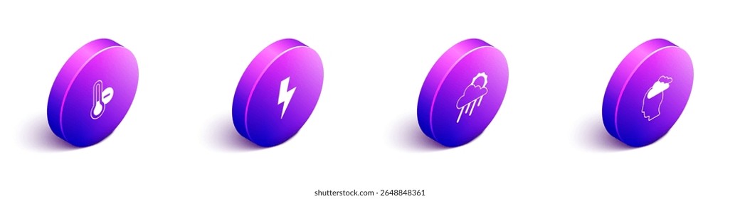 Set Isometric Meteorology thermometer, Lightning bolt, Cloud with rain and sun and Man having headache icon. Vector