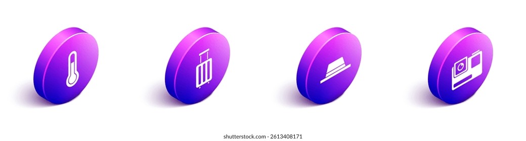 Set Isometric Meteorology thermometer, Suitcase, Man hat with ribbon and Action extreme camera icon. Vector