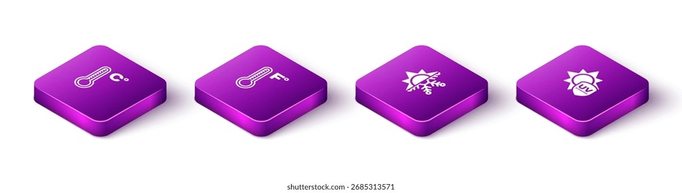 Set Isometric Meteorology thermometer, , Sun and snowflake and UV protection icon. Vector