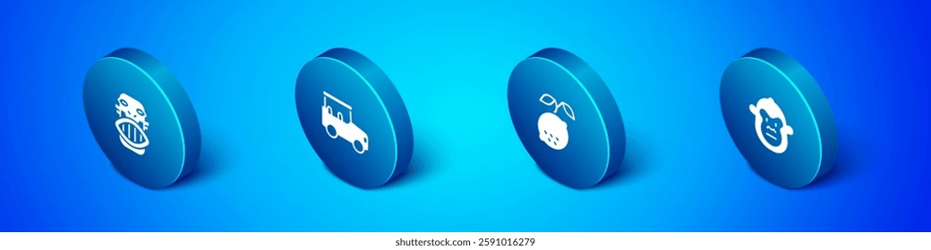 Set Isometric Mexican mayan or aztec mask, Lemon, Monkey and Safari car icon. Vector