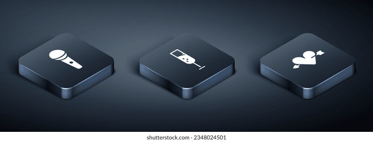 Set Isometric Microphone, Amour with heart and arrow and Glass of champagne icon. Vector