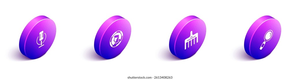 Set Isometric Microphone, Ancient coin, Hairbrush and Magnifying glass icon. Vector