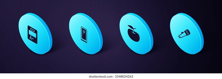 Set Isometric Microphone, Apple, Locker or changing room and Exam sheet with plus grade icon. Vector