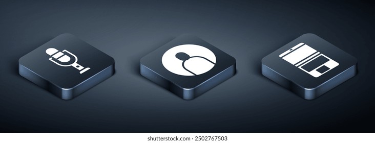 Set Isometric Microphone, Laptop and Create account screen icon. Vector