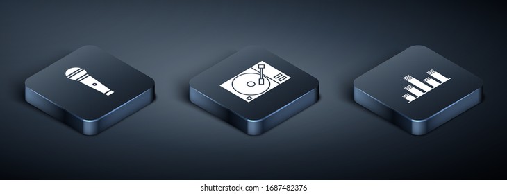 Ajuste Micrófono Isometric, Ecualizador de música y reproductor Vinyl con un icono de disco de vinilo. Vector