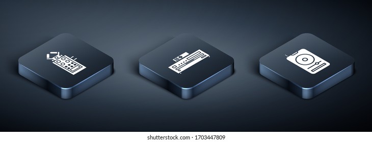 Legen Sie das Symbol für das Symbol für das Symbol für das Mikrofon, den Musikplayer und den Musik-CD-Player fest. Vektorillustration