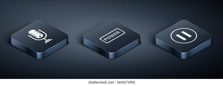 Set Isometric Microphone, Pause button and Power button icon. Vector