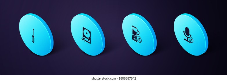 Set Isometric Microphone service, Blender, Hard disk drive and Screwdriver icon. Vector.