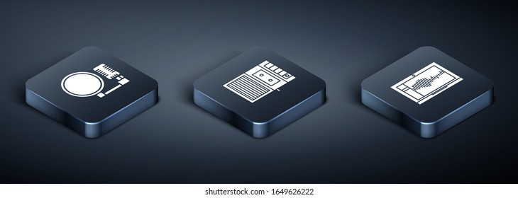 Configure el micrófono isométrico, el grabador de sonido o audio en el icono de portátil y reproductor de cintas de música. Vector