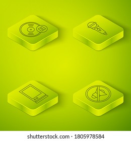 Set Isometric Microphone, Voice assistant, Speaker mute and Vinyl disk icon. Vector