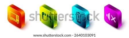 Set Isometric Microwave oven, Air headphones, Battery charge level indicator and Speaker mute icon. Vector