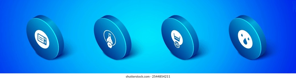 Set Isometric Microwave oven, Temperature wash, Water drop and Test tube and flask icon. Vector