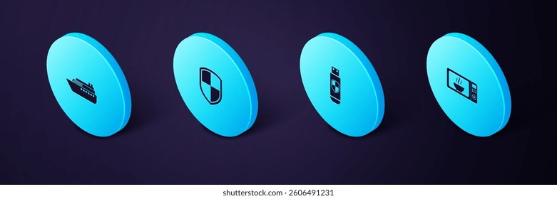 Set Isometric Microwave oven, USB flash drive and shield, Shield and Ship icon. Vector
