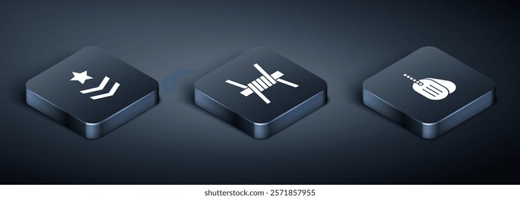 Set Isometric Military rank, dog tag and Barbed wire icon. Vector