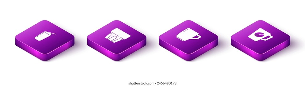 Set Isometric Milkshake, Glass with water, Coffee cup and  icon. Vector