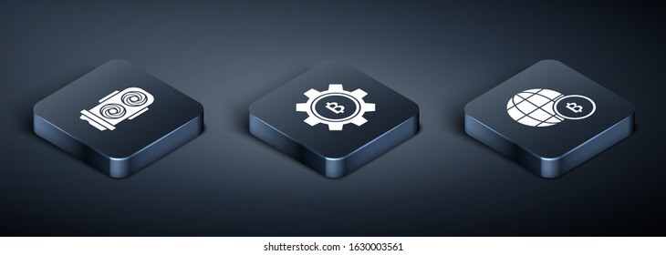 Set Isometric Mining farm, Globe and cryptocurrency coin Bitcoin and Cryptocurrency coin Bitcoin icon. Vector